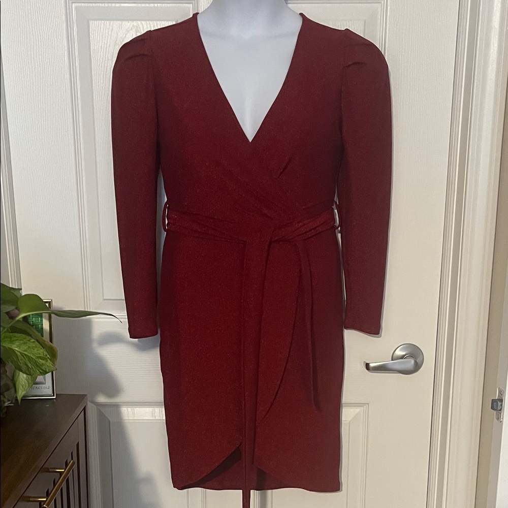 Sparkly Long Sleeve Wrap Dress in Red with Self-Tie Waist Small Glitter